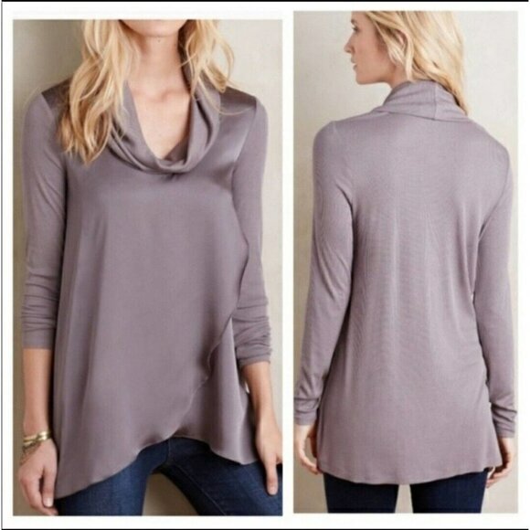 Anthropologie Deletta Top Size Medium Taupe Satin Front Ribbed Sleeve Drape Neck - Picture 1 of 11